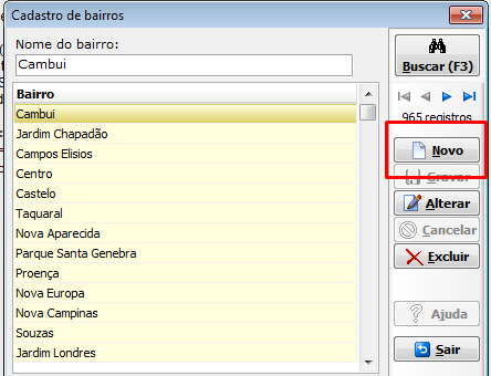 Tela de Cadastro de Novo bairro no Gestão