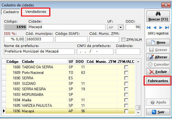 Aba Vendedores e botão Fabricantes em Cidades