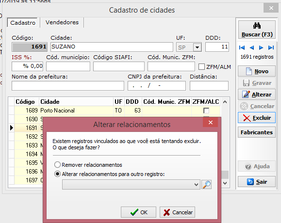 Alteração de relacionamentos no cadastro da cidade