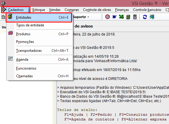 Menu En tidades no VSI Gestão, também acessível CTRL + E