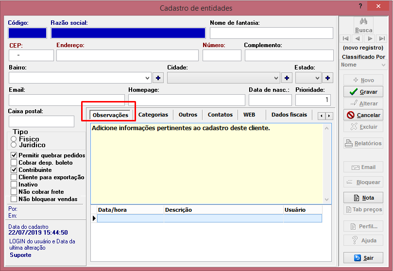 Cadastro de Entidades - Guia Observações