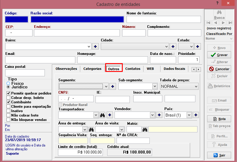 Aba Outros, no Cadastro de Entidades.