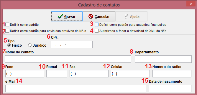 Cadastro de contatos, na Aba Contatos do Gestão