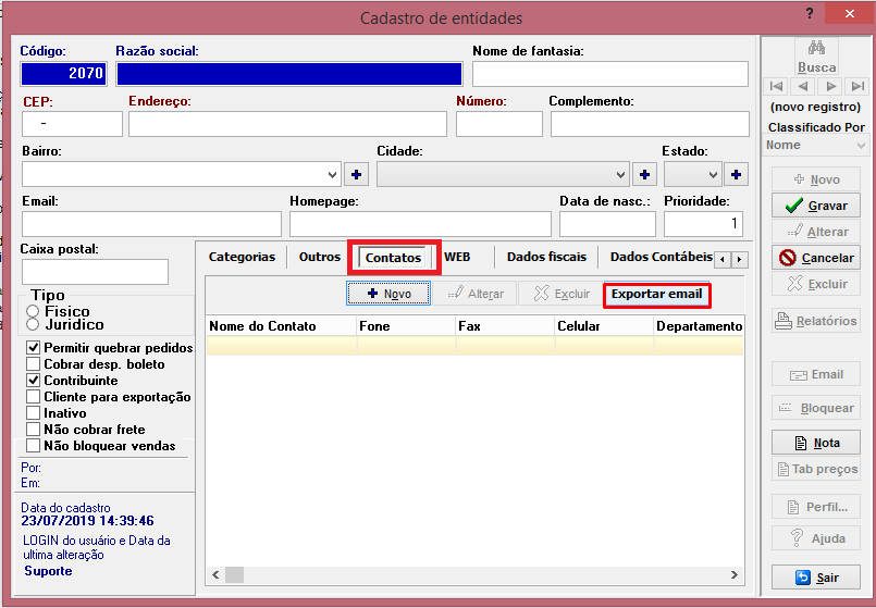 Opção de Exportar e-mail, da Aba Contatos, no Cadastro de Entidades