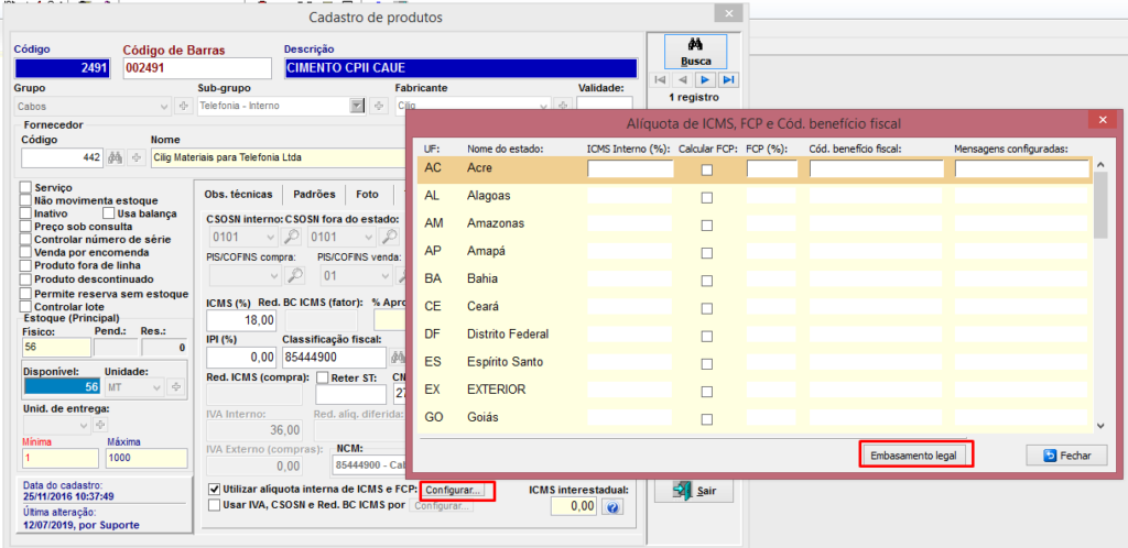Embasamento legal - Aba Fiscal do Cadastro de produto