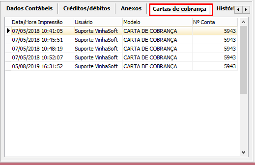 Aba Cartas de Cobrança, no Cadastro de Entidades, em VSI Gestão