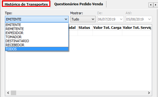 Aba Histórico de transportes, no Cadastro de Entidades, no VSI Gestão