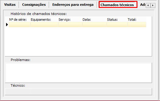 Aba Chamados Técnicos, no Cadastro de Entidades, no VSI Gestão
