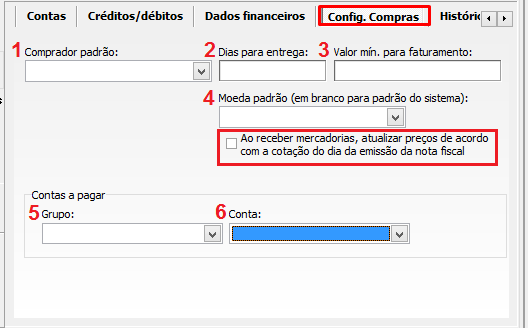 Aba Config. Compras, no Cadastro de Entidades, em VSI Gestão