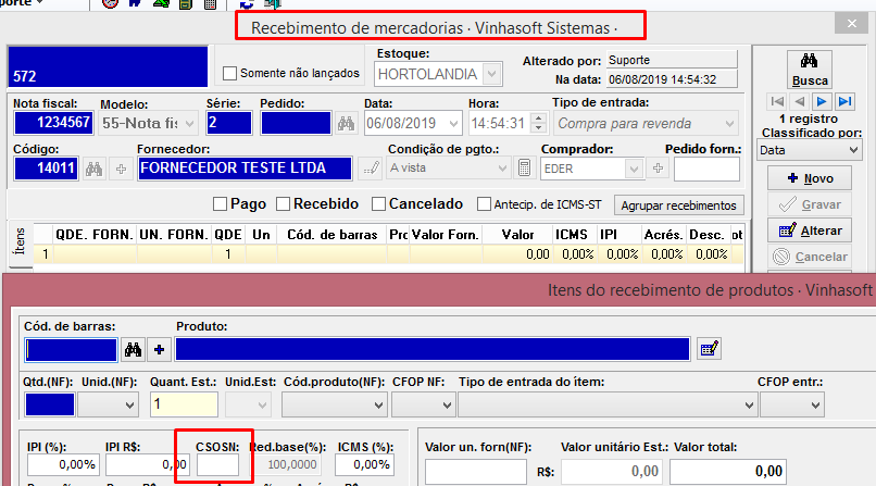 Recebimento de mercadorias no VSI Gestão (Compras > Recebimento)