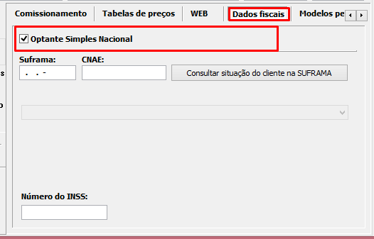 Aba de Dados Fiscais, no cadastro de entidades, no VSI Gestão