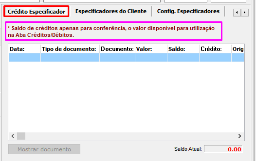 Aba Crédito Especificador, no VSI Gestão, criada para atender a ferramenta de Especifiador?RT