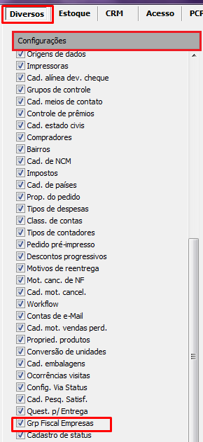 Editor de níveis do grupo fiscal de empresas, disponibilizado em Configurações > Usuários > Editor de Níveis > Configurações >Diversos