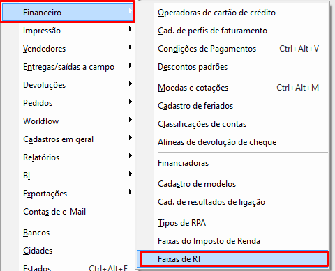 Especificadores - antiga tela e denominação do menu Configurações da RT, chamada de Faixas de RT