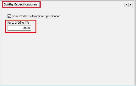 Aba de "Config. Especificadores" no Cadastro de Entidades do VSi Gestão