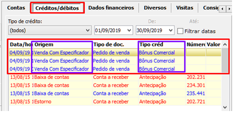 Aba créditos e débitos do Cadastro de Entidades