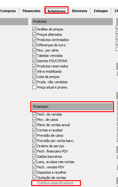 Configuração dos Créditos especificadores