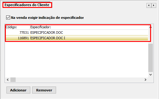 Aba Especificadores do Cliente no Cadastro de Entidades