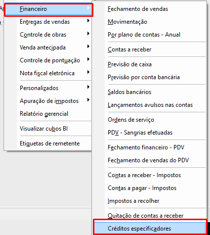 Caminho do relatório de créditos dos especificadores no VSI Gestão