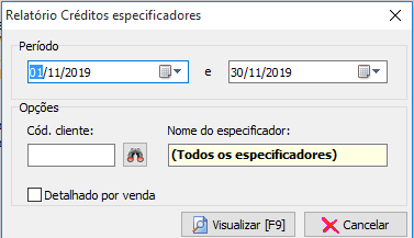 Relatório dos créditos dos especificadores, criado na versão 2019.9.R2