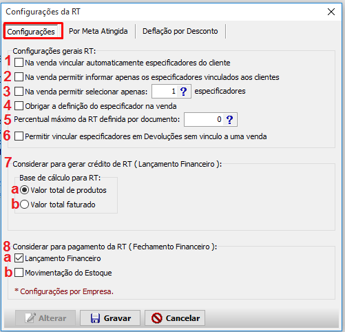 Tela de configurações da RT em Configurações > Financeiro, no VSI Gestão