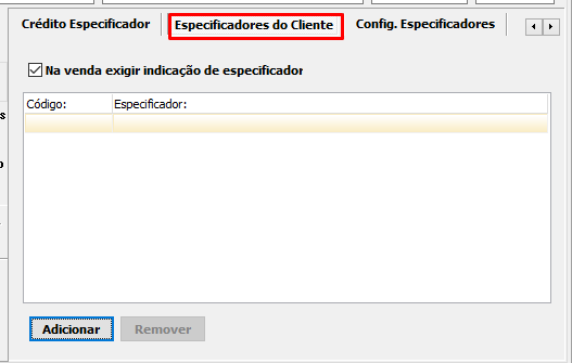 Aba "Especificadores do Cliente" no Cadastro de Entidades do VSI Gestão