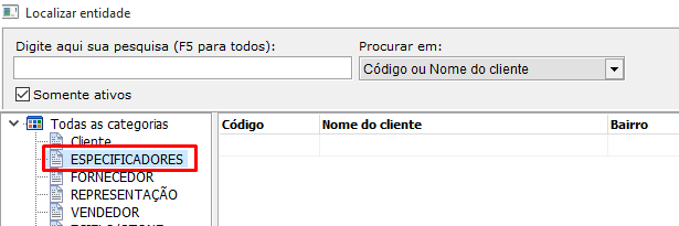 Escolha da entidade por categoria no Cadastro de Entidades do VSI Gestão