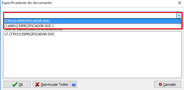 Seleção de especificadores do documento no pedido de venda.