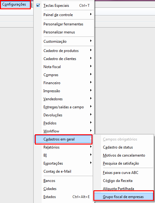 Grupo fiscal de empresas, disponibilizado em Cadastros em geral, no menu Configurações - VSI Gestão