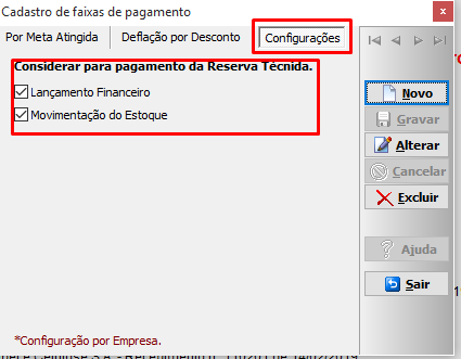 Antiga tela de Configurações do RT, denominada de Faixas de RT, em Configurações > Financeiro