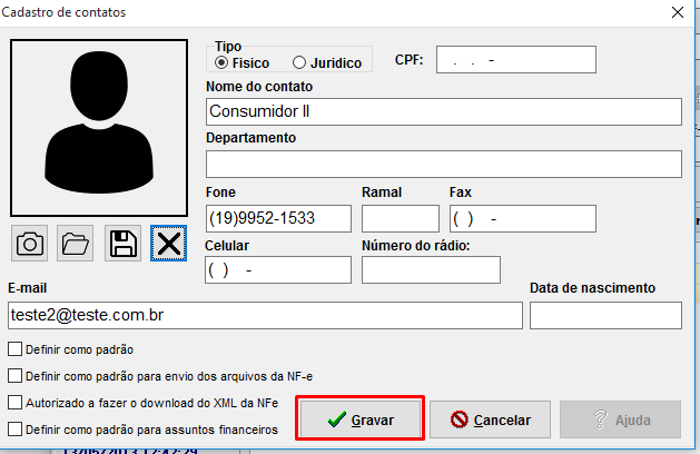 Botão Gravar da Aba de Contato do Cadastro de Entidade.