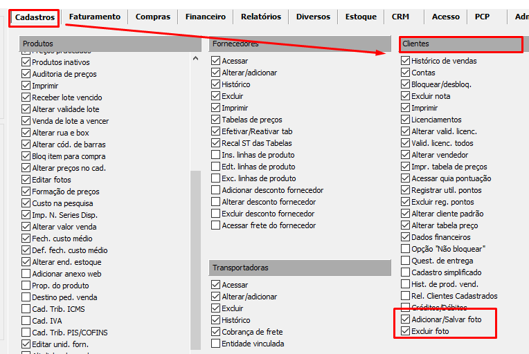 Editor de níveis da Inserção de fotos, configurada no Grupo Clientes, Aba Cadastros, do Editor de Níveis.