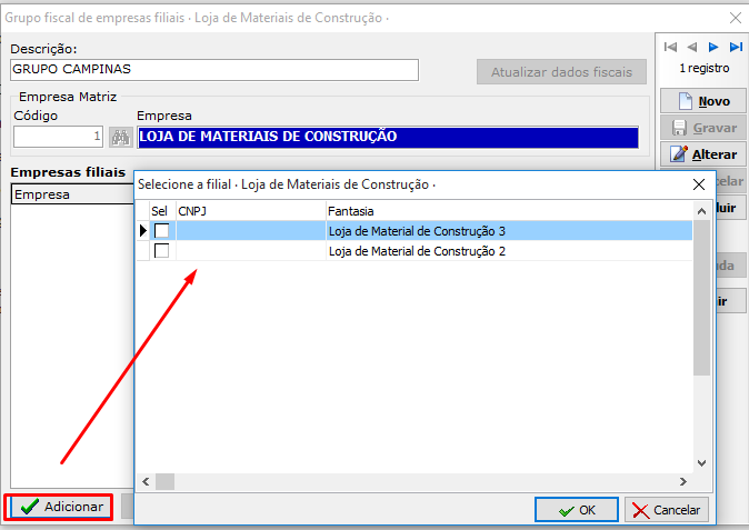 Grupo fiscal de empresas filiais - Botão de Adicionar filiais