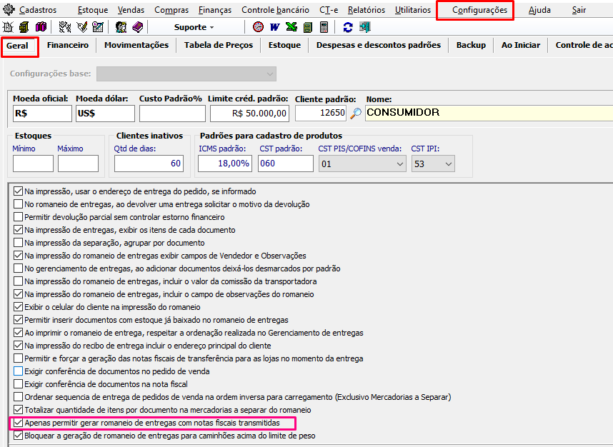 Configuração geral do bloqueio de documentos no romaneio de entregas