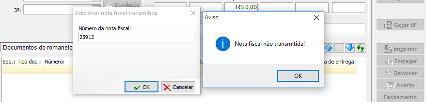 Mensagem de nota fiscal não transmitida ao vincular um documento no romaneio de entregas