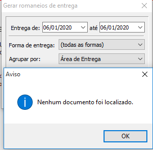 Mensagem de nenhum documento localizadoem Gerar romaneios de entrega com a configuração de bloqueio ativa