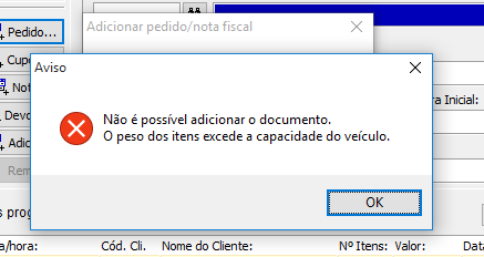 Alerta de peso superior à carga máxma do caminhão na geração de Romaneio de entregas (ou CTRL + M)