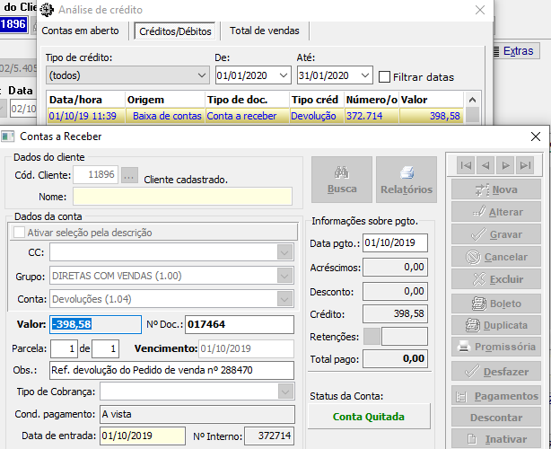 Opção de visualização das Contas a Receber a partir da Análise de Crédito