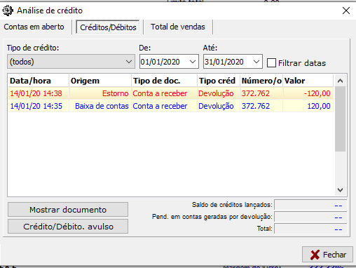 Aba de Créditos/Débitos da Análise de crédito do pedido e orçamento de venda