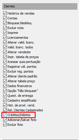 Opção de Créditos/Débitos do Menu Clientes no Editor de Níveis 